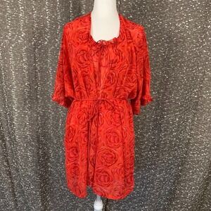 Vintage Josie Red Floral Rose Sleepwear Slip Dress‎ & Robe Set Women's Large